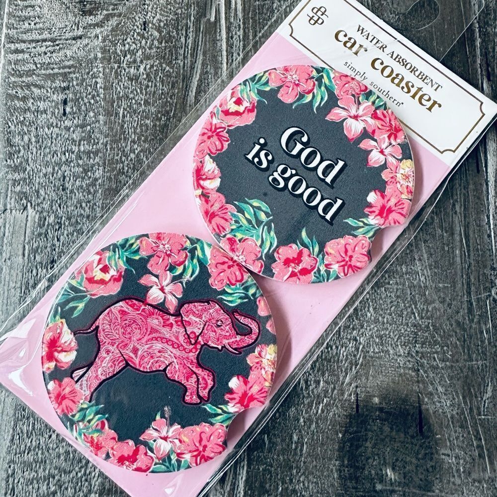 Simply Southern God Is Good Floral Pink Elephant Stone Car Coasters